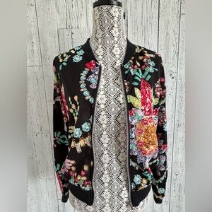 Pretty, Sheer Gemstone Print Zip Bomber Style Jacket, EUC